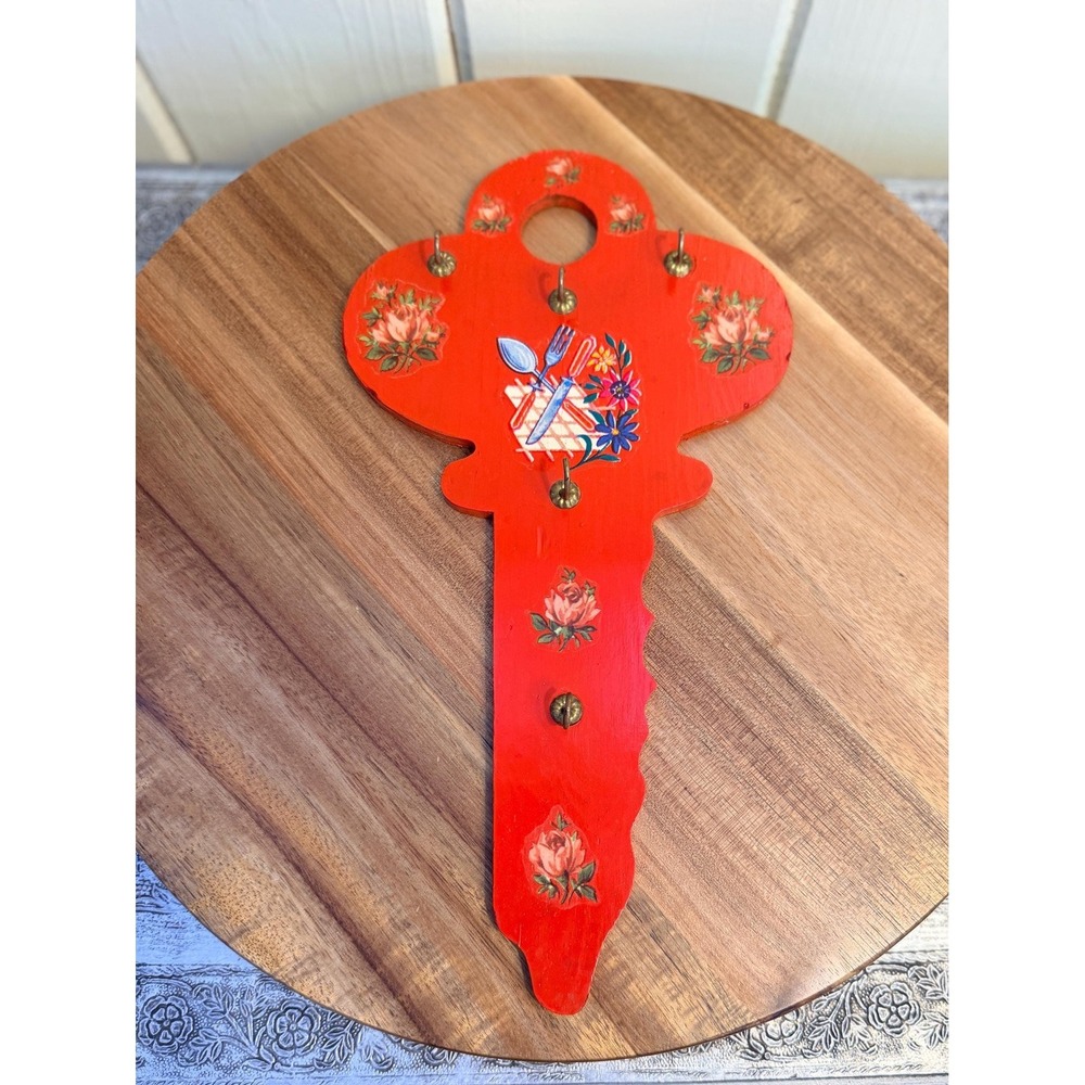 Vintage Red Wooden Key Rack Mid Century Kitchen Decor Kitsch Cottagecore